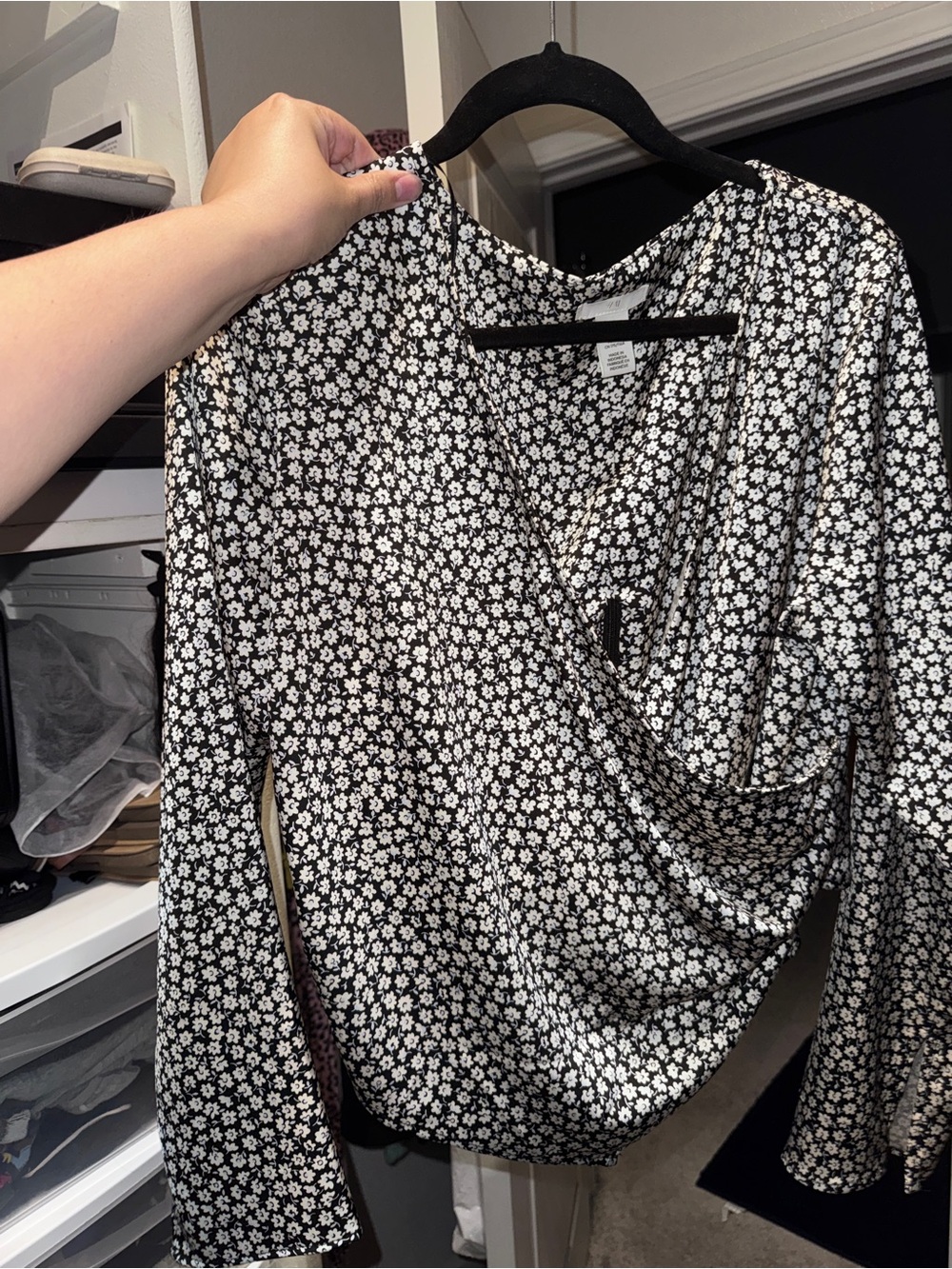 H&M Black Floral Faux-Wrap Long Sleeve Blouse